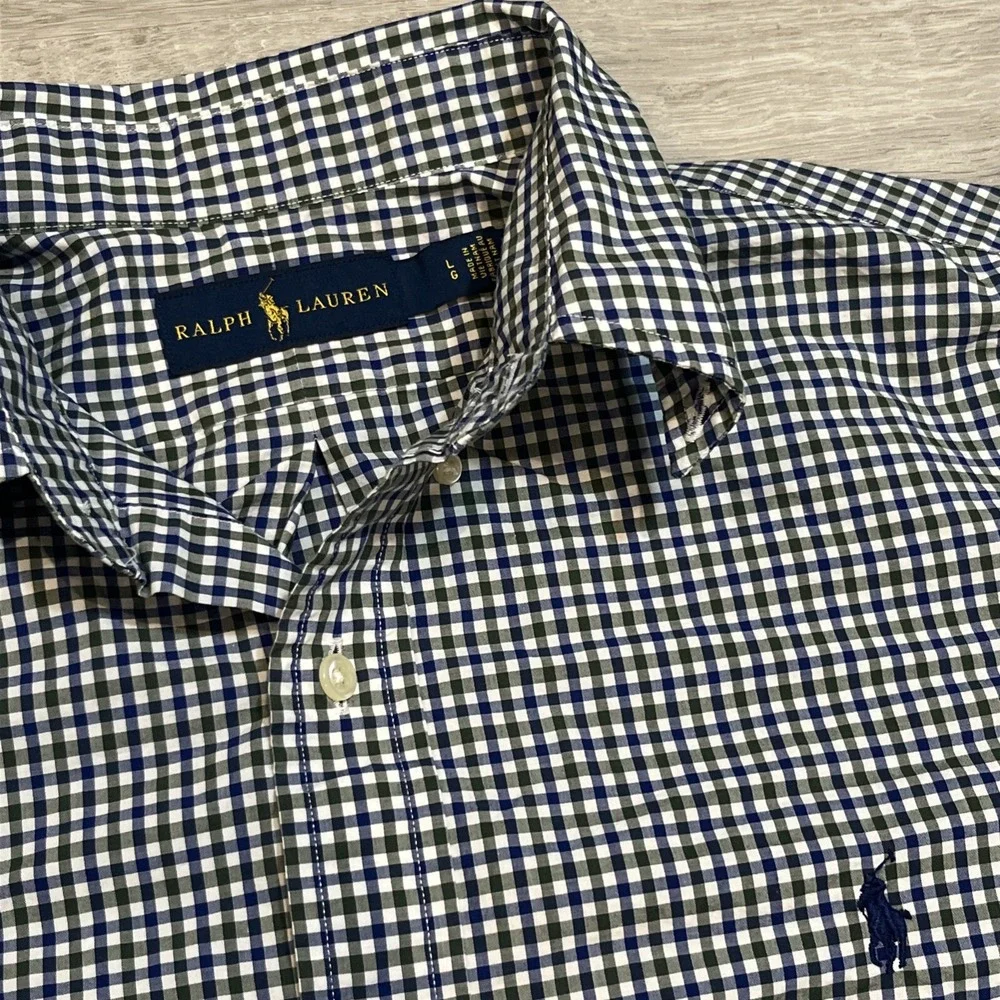 Polo Ralph Lauren Mens‎ Blue Gingham Checked Cotton Shirt Regular Fit Large EUC